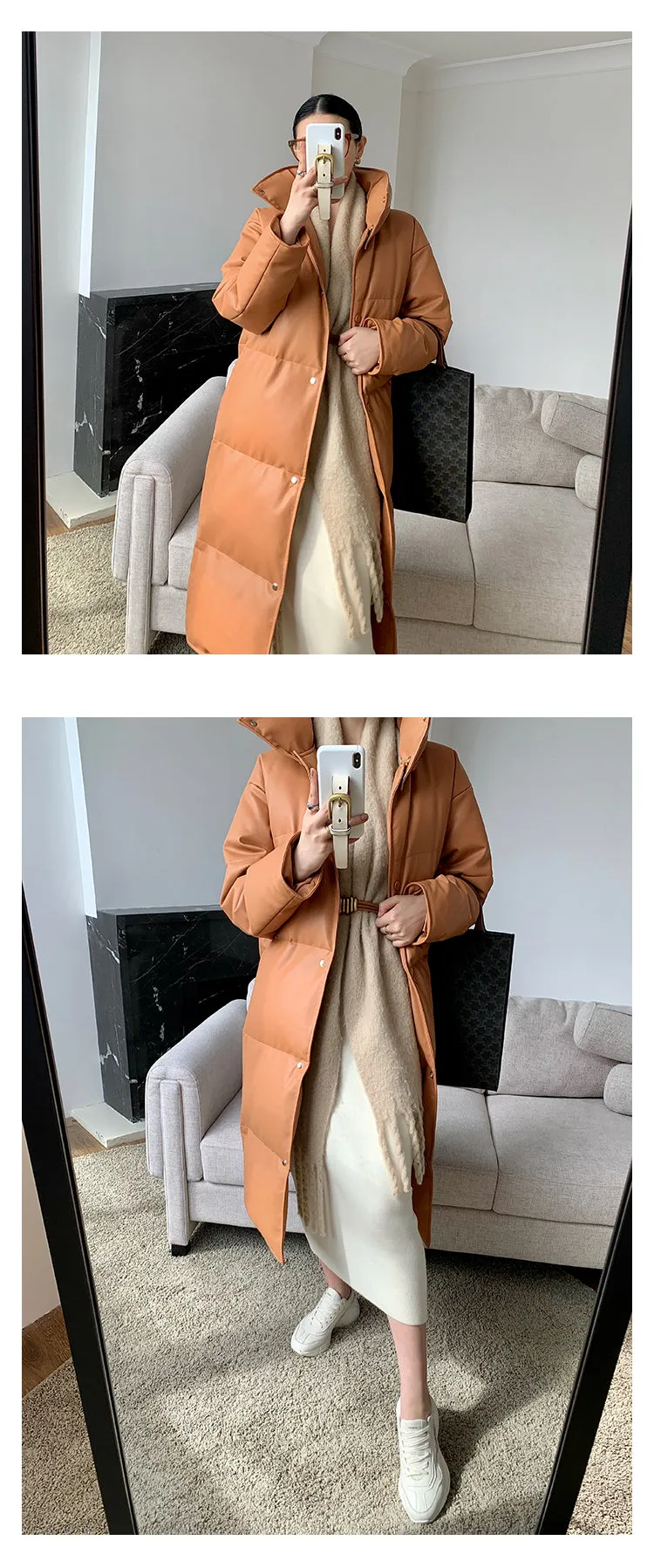 PU Leather long plus down jacket coat - Kabara Orange Sunset