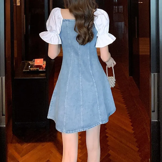 Puff Sleeve Bow Patchwork Denim Dress