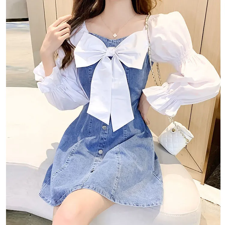 Puff Sleeve Bow Patchwork Denim Dress