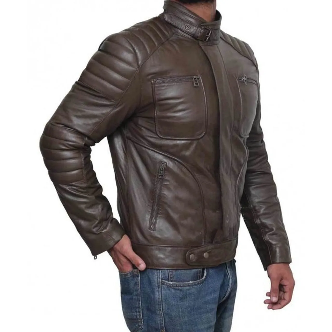 Quilted Genuine Four Zipper Pocket Leather Biker Jacket Men - brown leather jacket