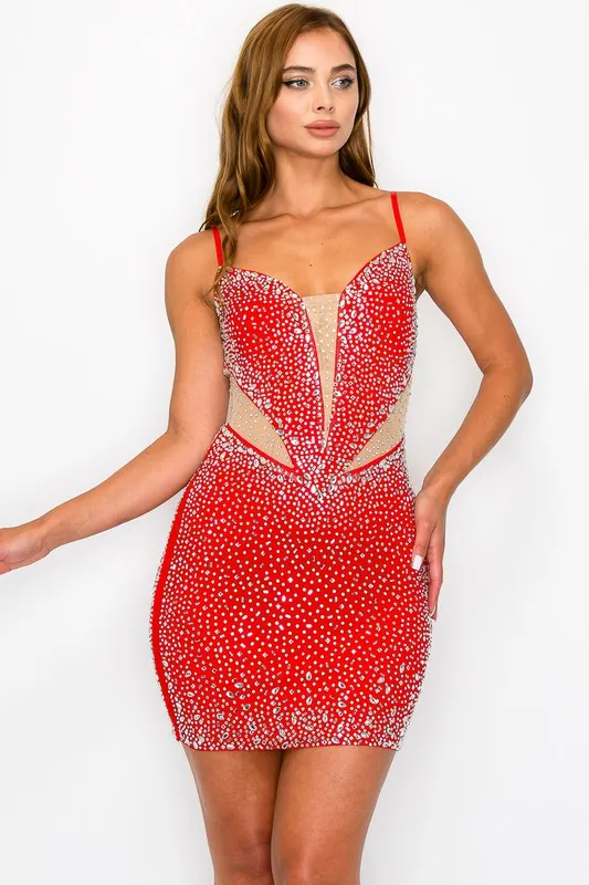 Red Rhinestone Sleeveless Bodycon Dress