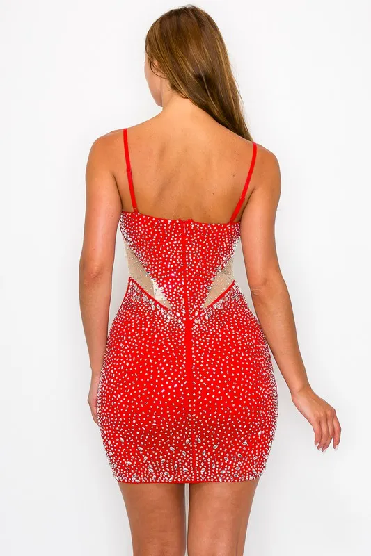 Red Rhinestone Sleeveless Bodycon Dress