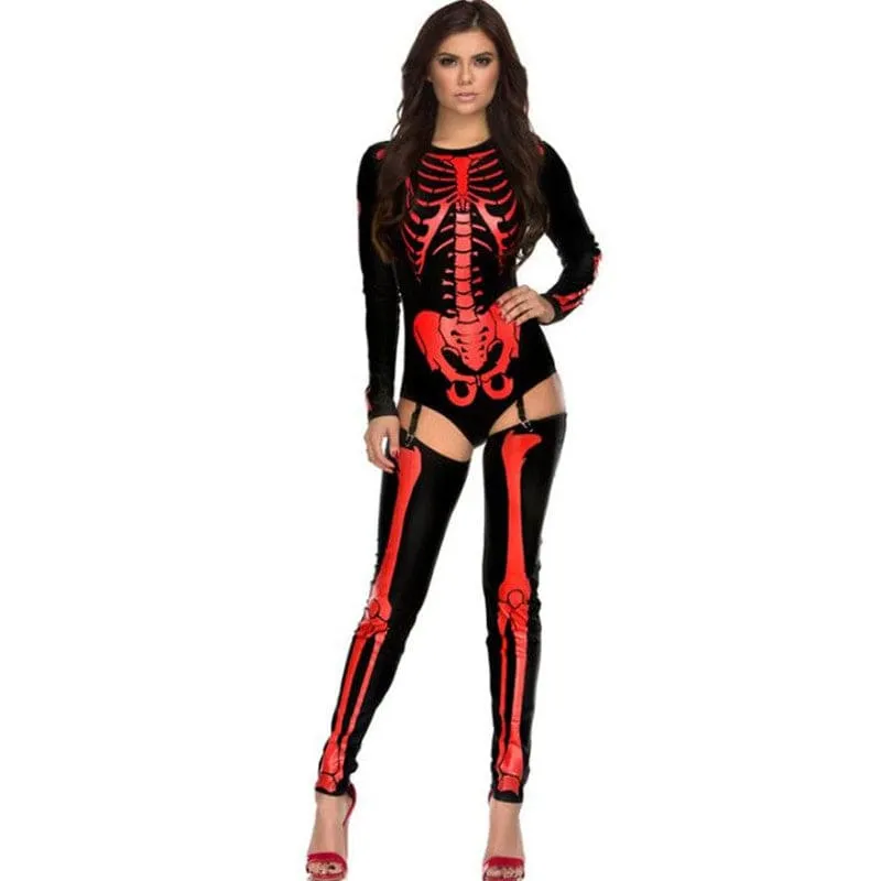 Red Skeleton Print Halloween Cosplay Costume Skull Zombie Uniform