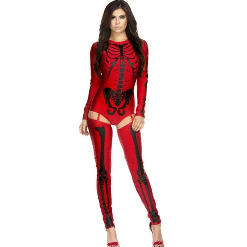 Red Skeleton Print Halloween Cosplay Costume Skull Zombie Uniform