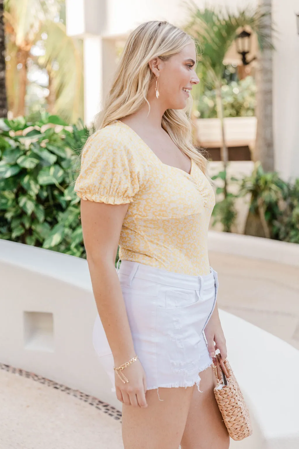 Repeating Sound Yellow Floral Cinched Detail Bodysuit