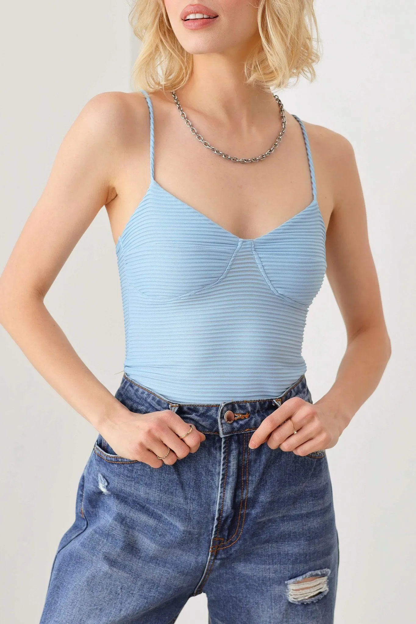 Ribbed Plunging Neckline Ruched Bust Bodysuit