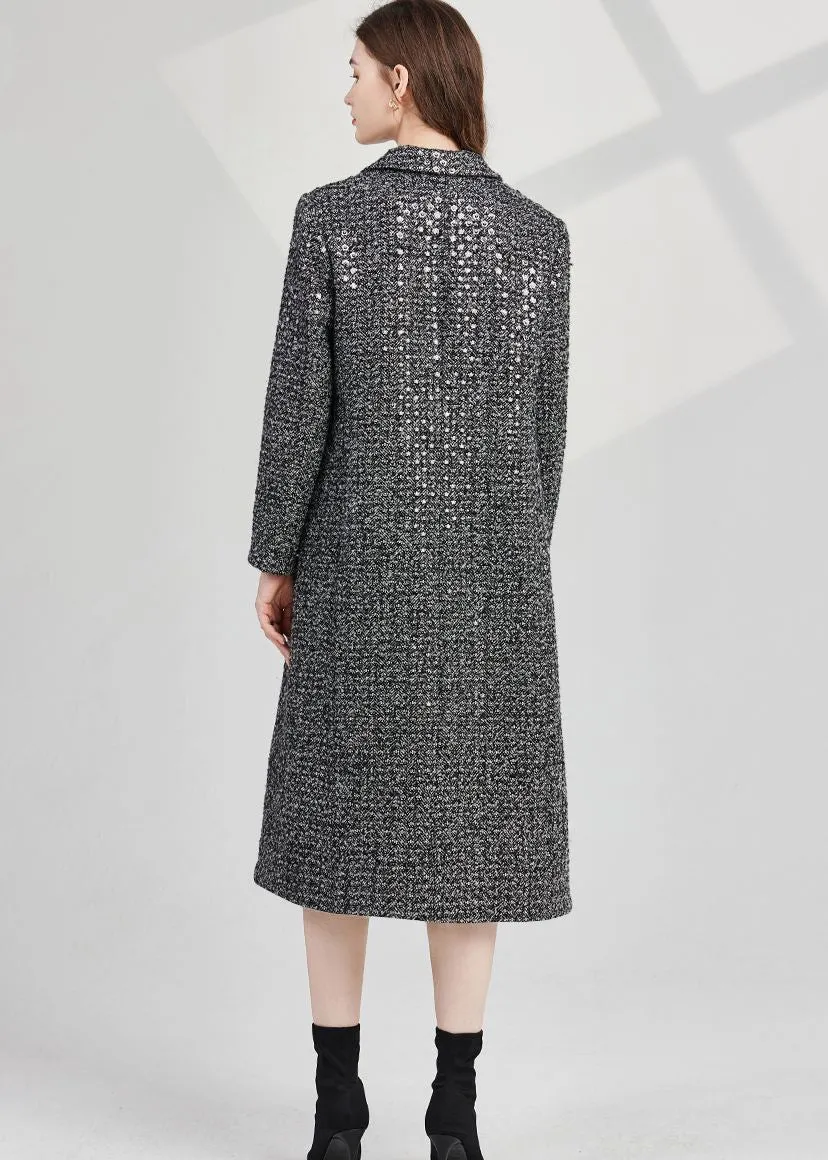 Sequin Wool Blend Tweed Double Breasted Long Coat