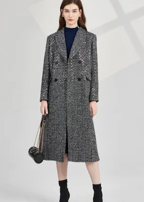 Sequin Wool Blend Tweed Double Breasted Long Coat