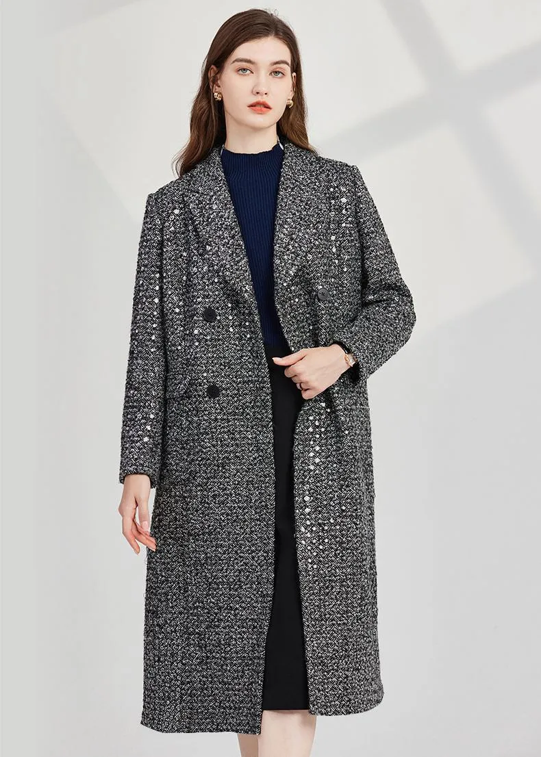 Sequin Wool Blend Tweed Double Breasted Long Coat