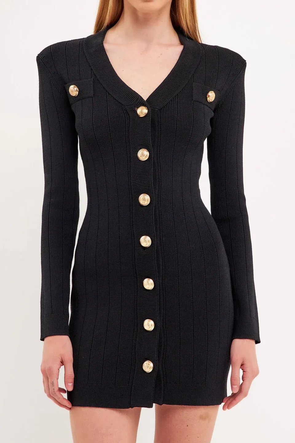 Shank Button V-neckline Knit Mini Dress