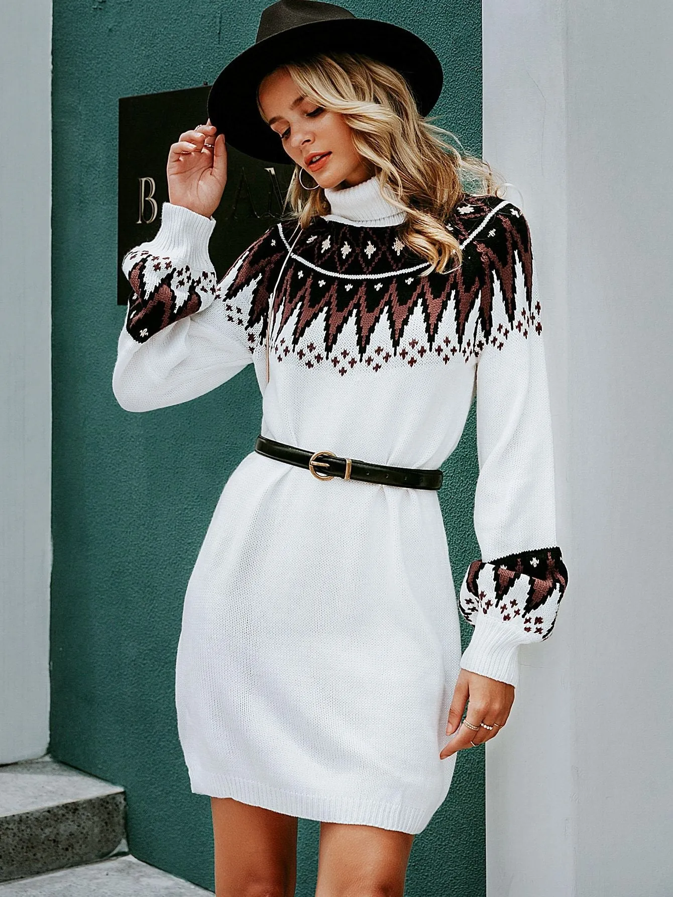 Simplee Tribal Turtle Neck Jumper Dress Without Belt