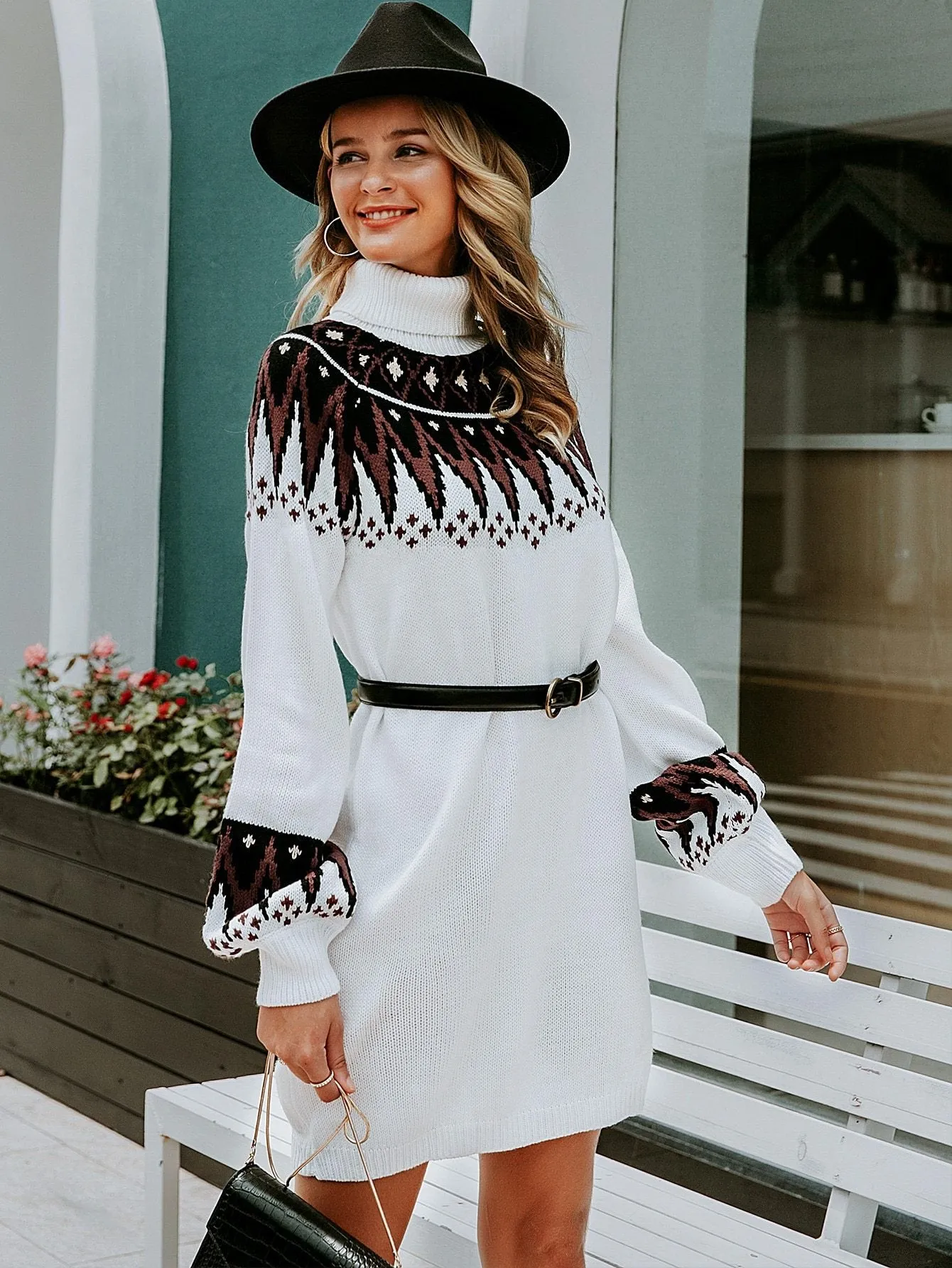 Simplee Tribal Turtle Neck Jumper Dress Without Belt