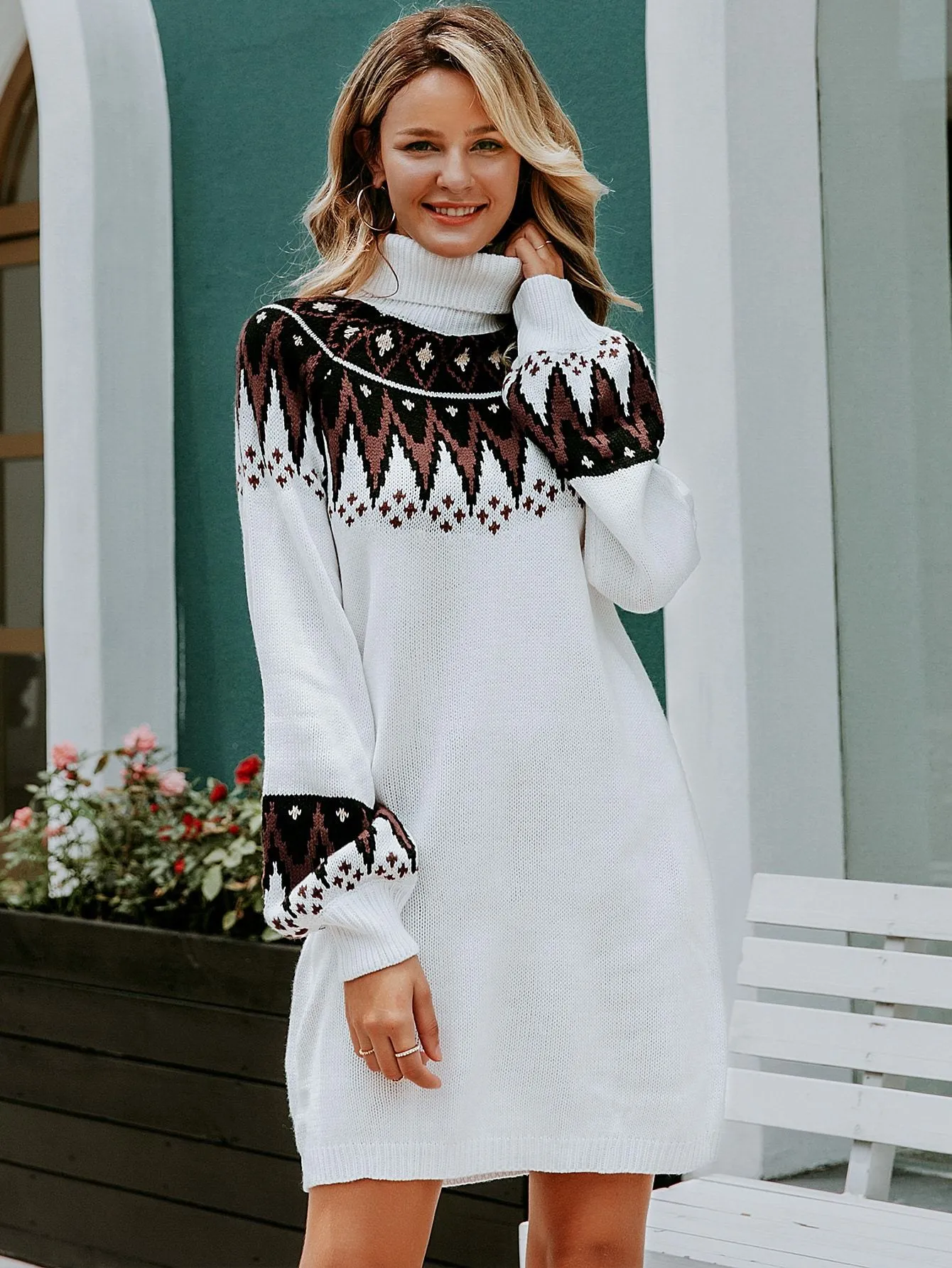 Simplee Tribal Turtle Neck Jumper Dress Without Belt