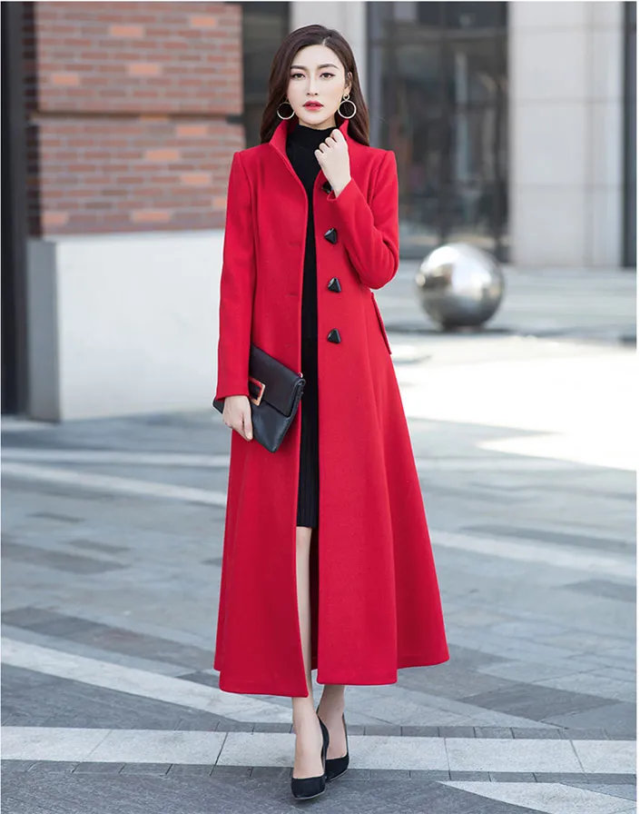 stand collar vintage red midi wool coat 2960