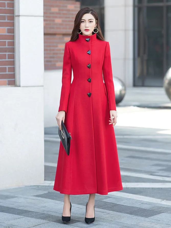 stand collar vintage red midi wool coat 2960