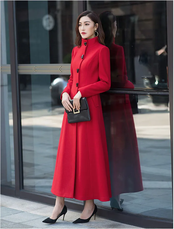 stand collar vintage red midi wool coat 2960