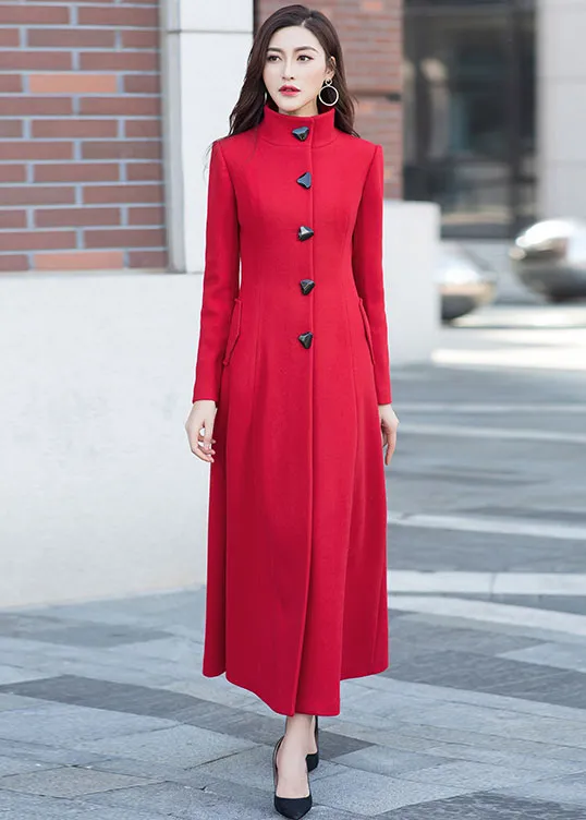 stand collar vintage red midi wool coat 2960