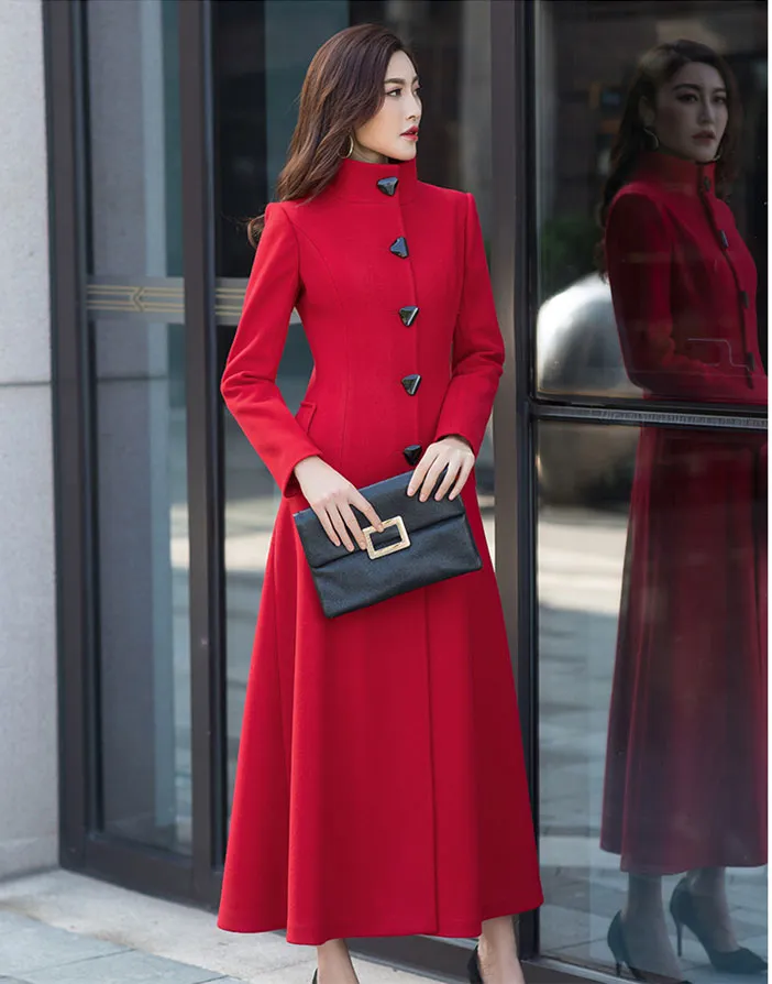 stand collar vintage red midi wool coat 2960