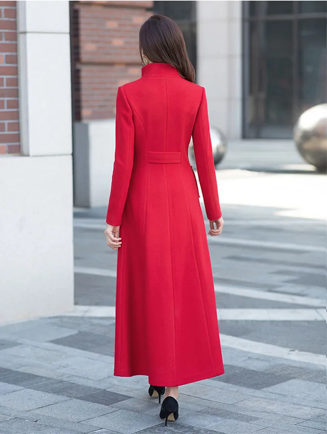 stand collar vintage red midi wool coat 2960