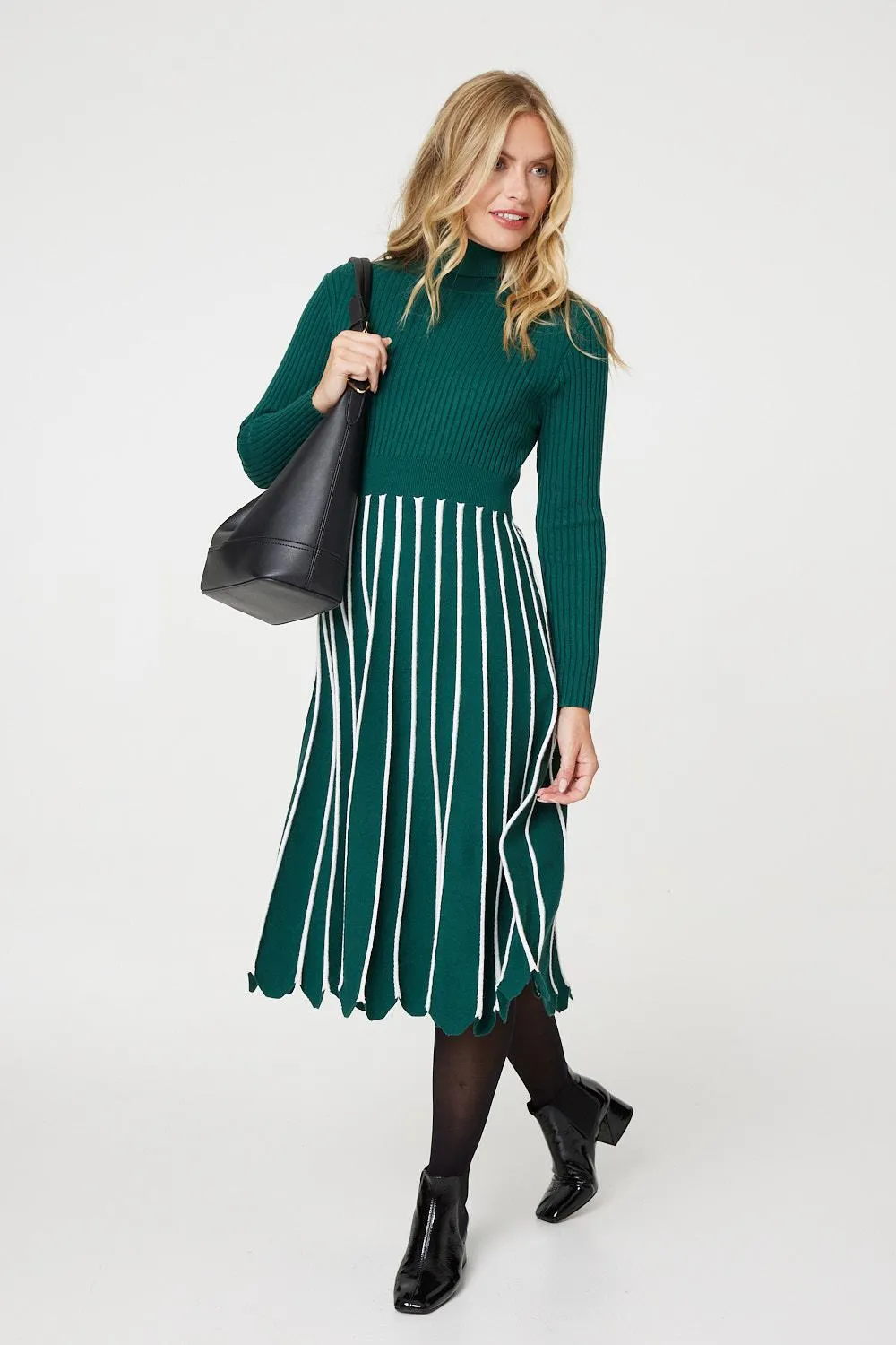 Striped Knit Top High Neck Midi Dress