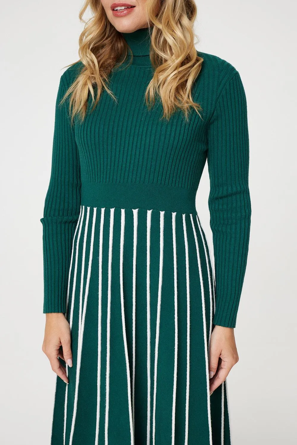 Striped Knit Top High Neck Midi Dress