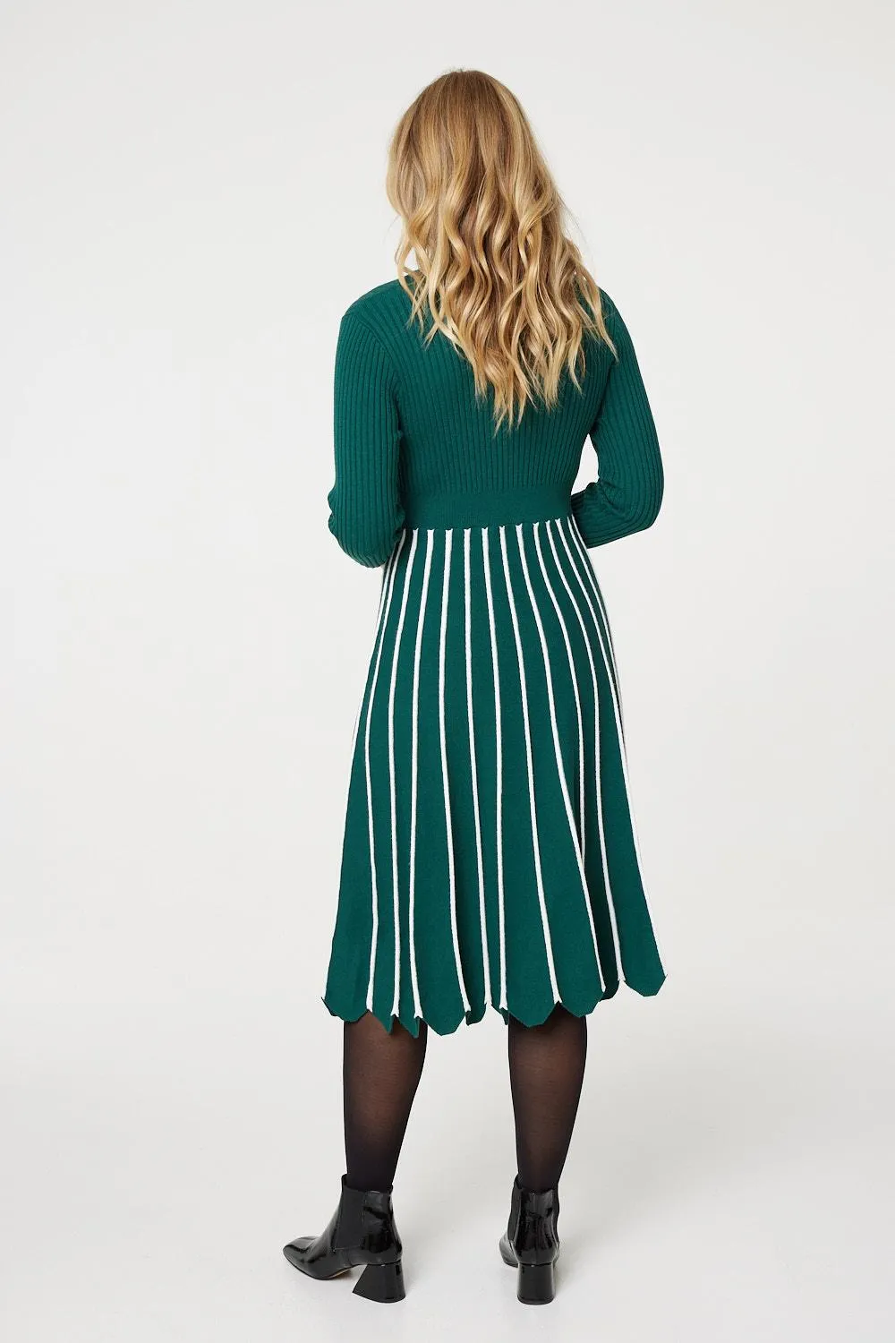 Striped Knit Top High Neck Midi Dress