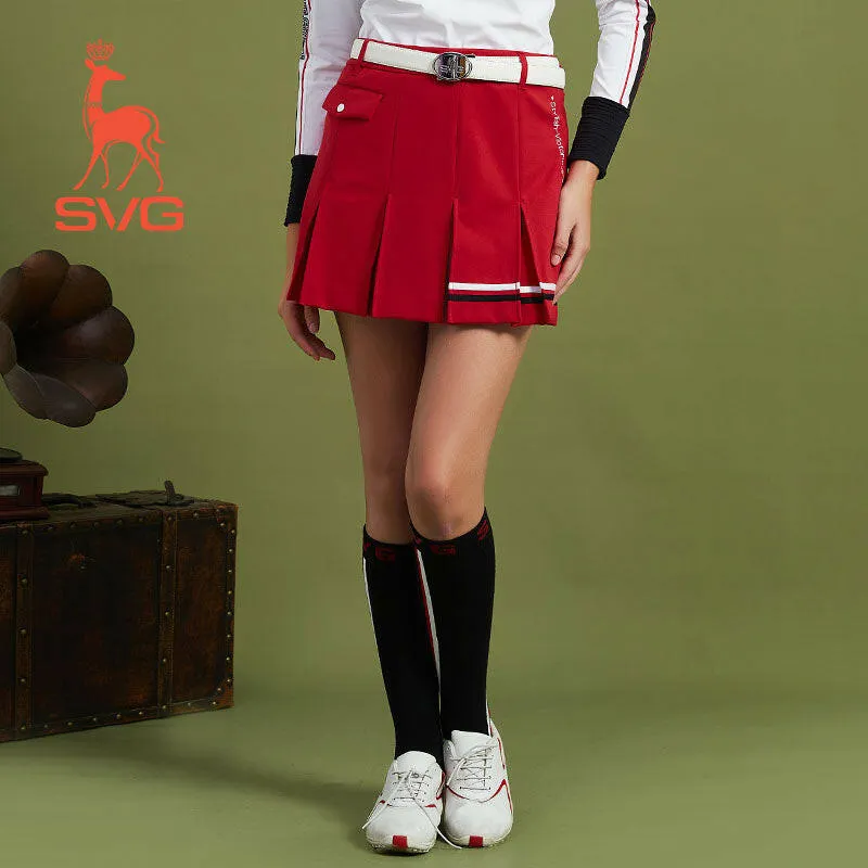 SVG Golf  Women's Red Striped Printed Pleated Skort