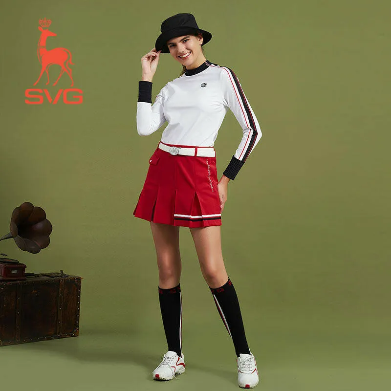 SVG Golf  Women's Red Striped Printed Pleated Skort