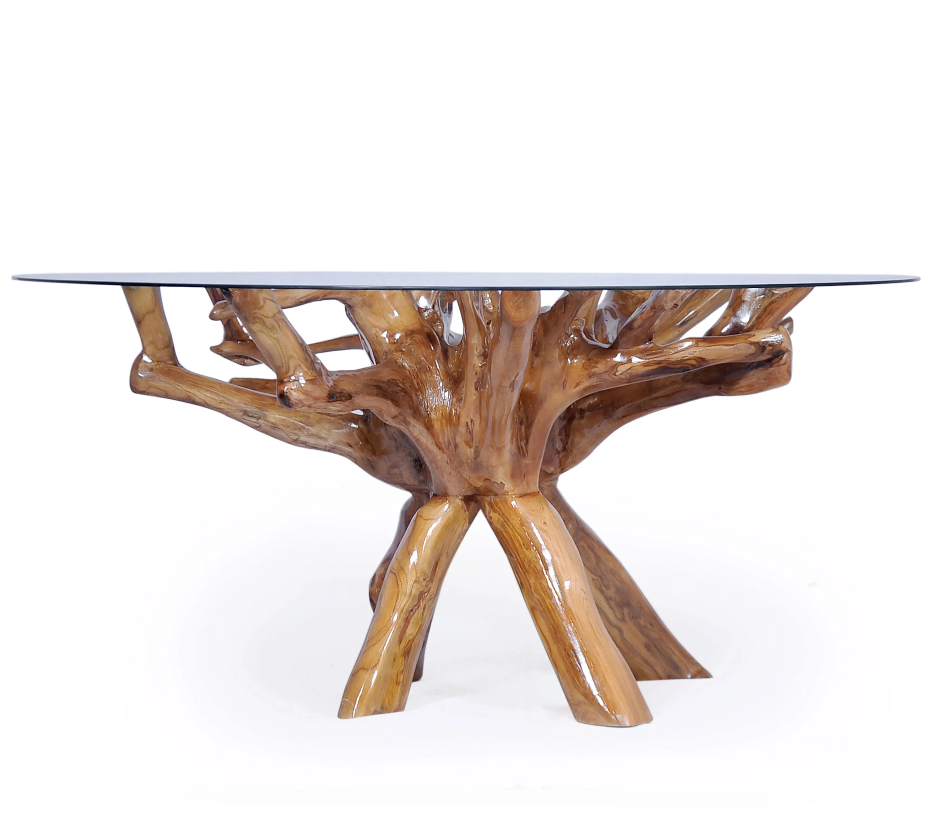 Teak Wood Root Dining Table Including 55 Inch Round Glass Top