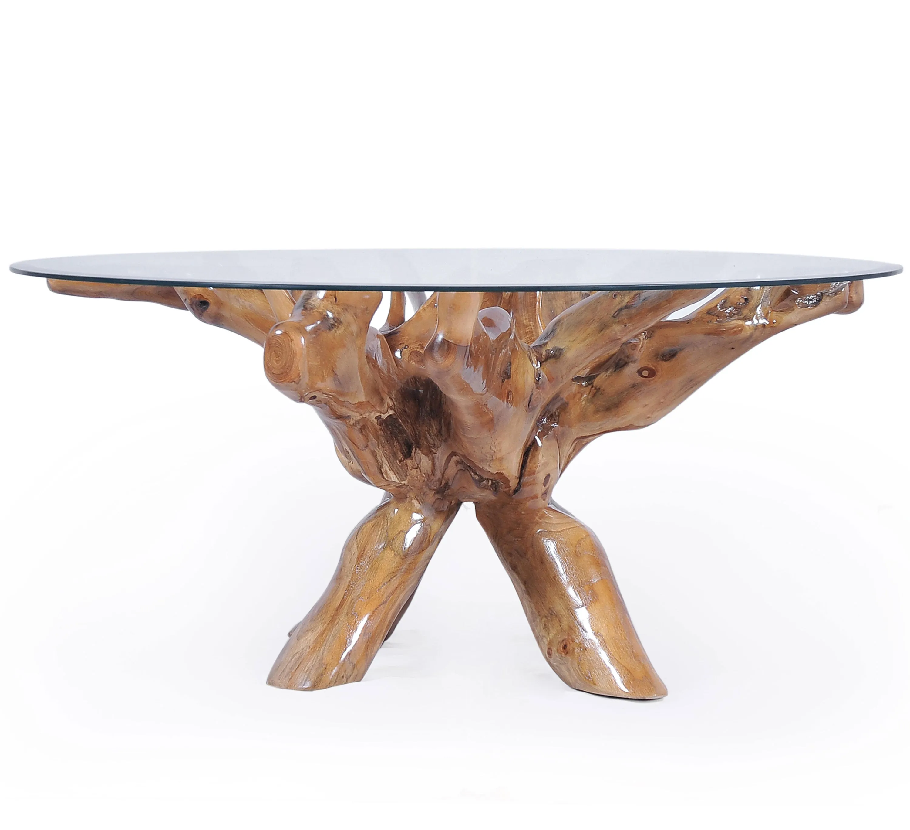 Teak Wood Root Dining Table Including 55 Inch Round Glass Top