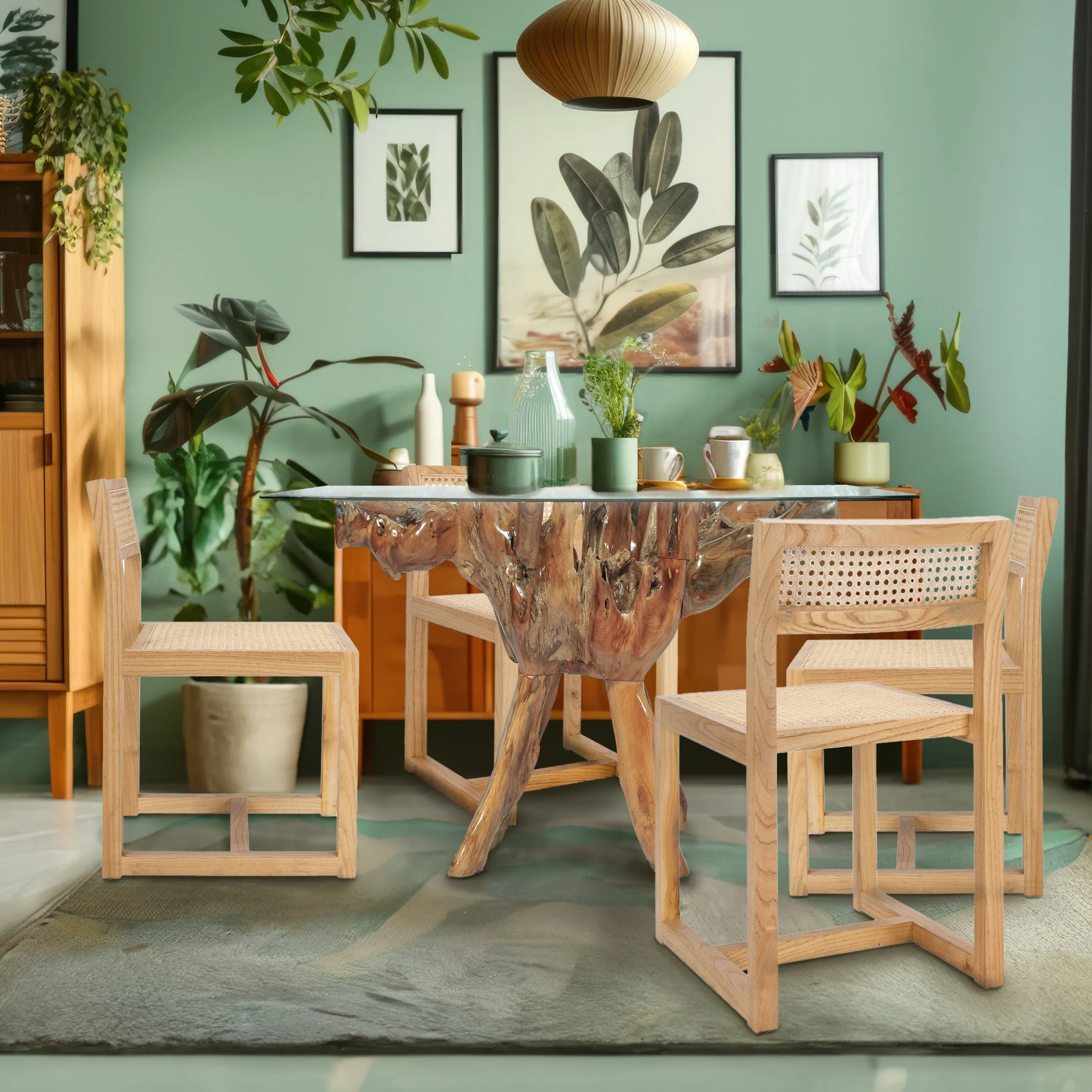 Teak Wood Root Dining Table Including 55 Inch Round Glass Top