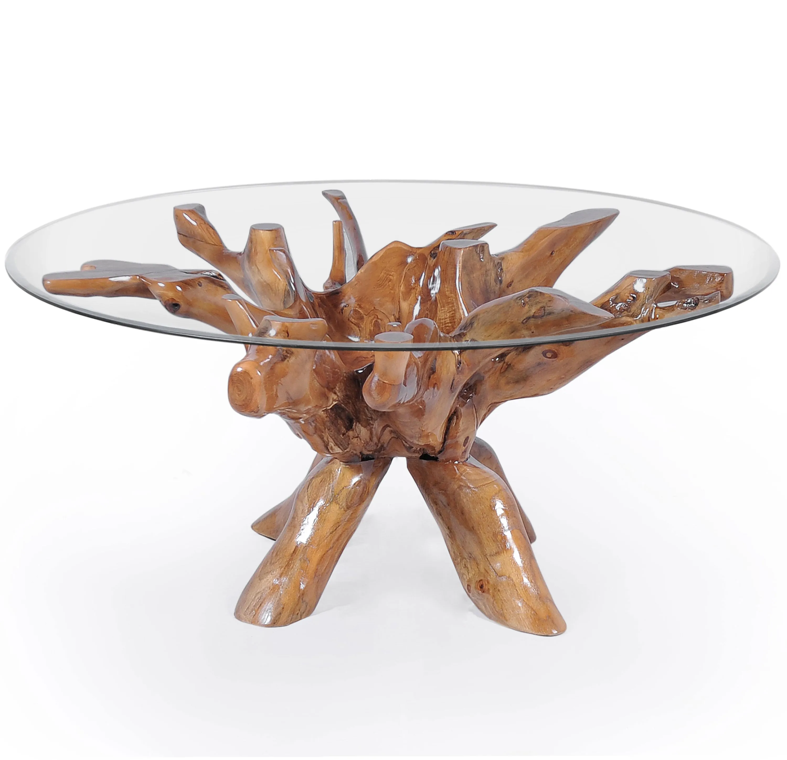 Teak Wood Root Dining Table Including 55 Inch Round Glass Top