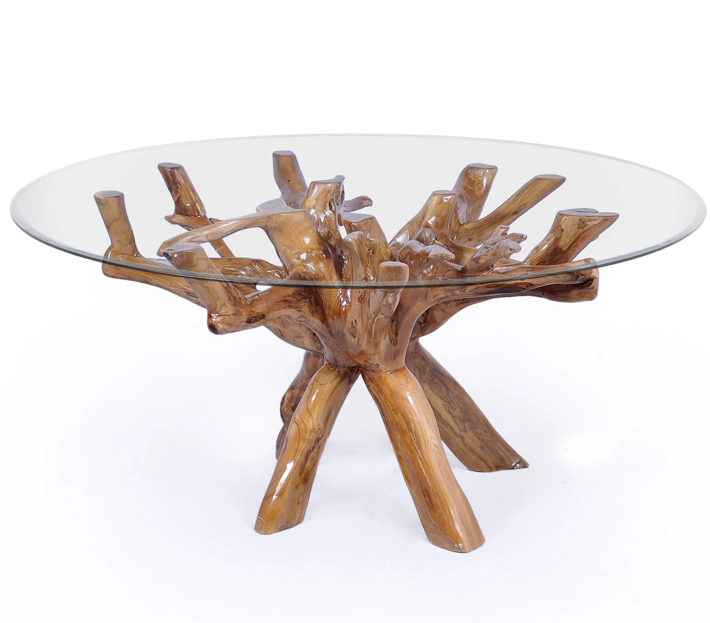 Teak Wood Root Dining Table Including 55 Inch Round Glass Top