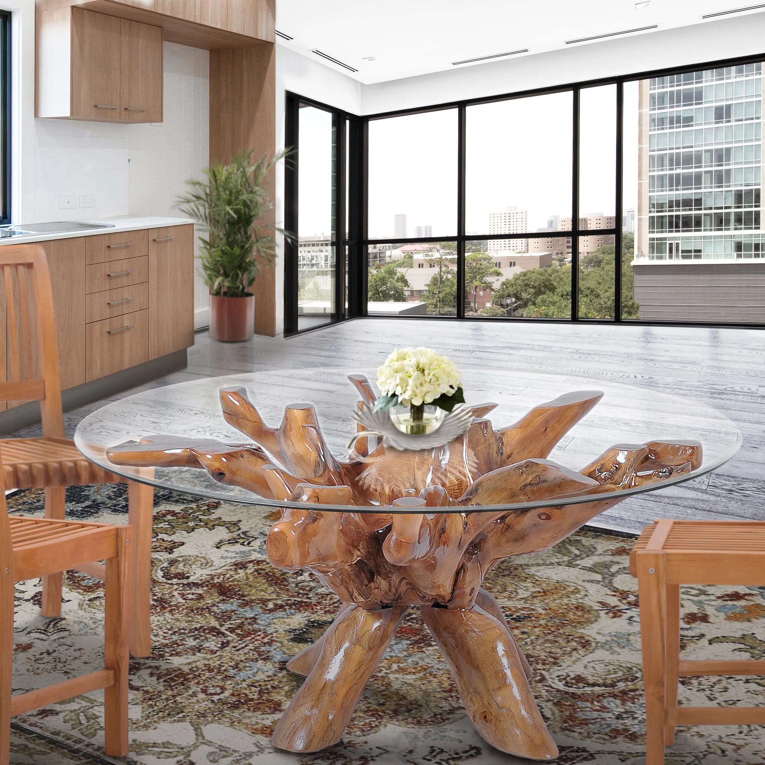 Teak Wood Root Dining Table Including 55 Inch Round Glass Top