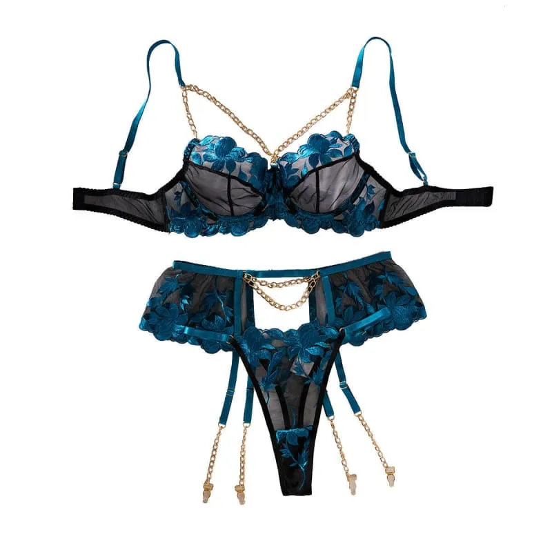 Teal and Black Lace Women's Three-piece Mesh Chain Underwear Set