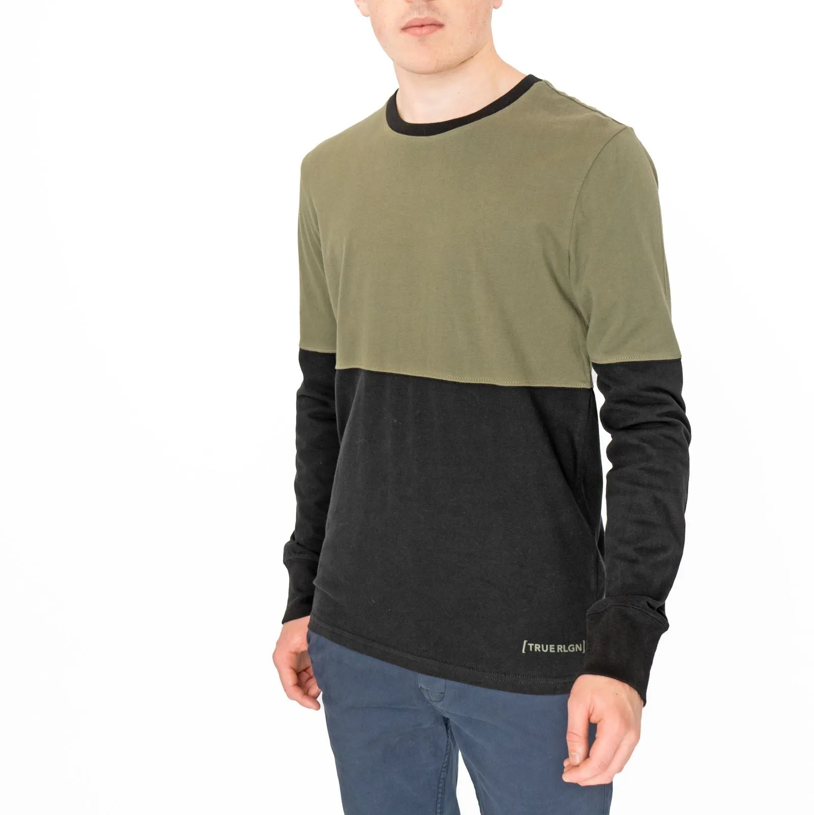 True Religion Men Black Green Colour Block Long Sleeve Tops