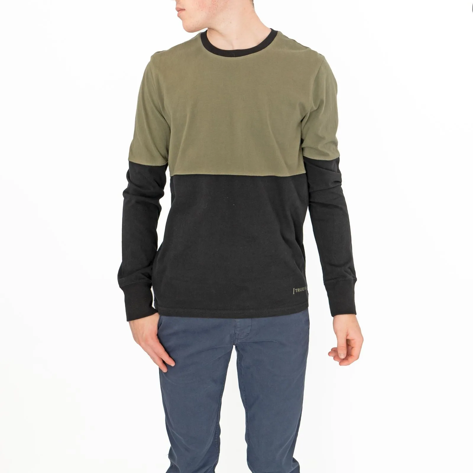 True Religion Men Black Green Colour Block Long Sleeve Tops