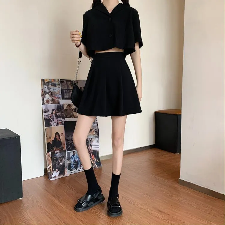 Two piece set Korean temperament boxy top jacket suit short top high waist pleated skirt gothic college