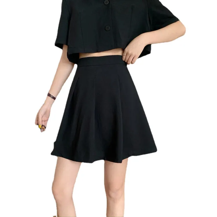 Two piece set Korean temperament boxy top jacket suit short top high waist pleated skirt gothic college