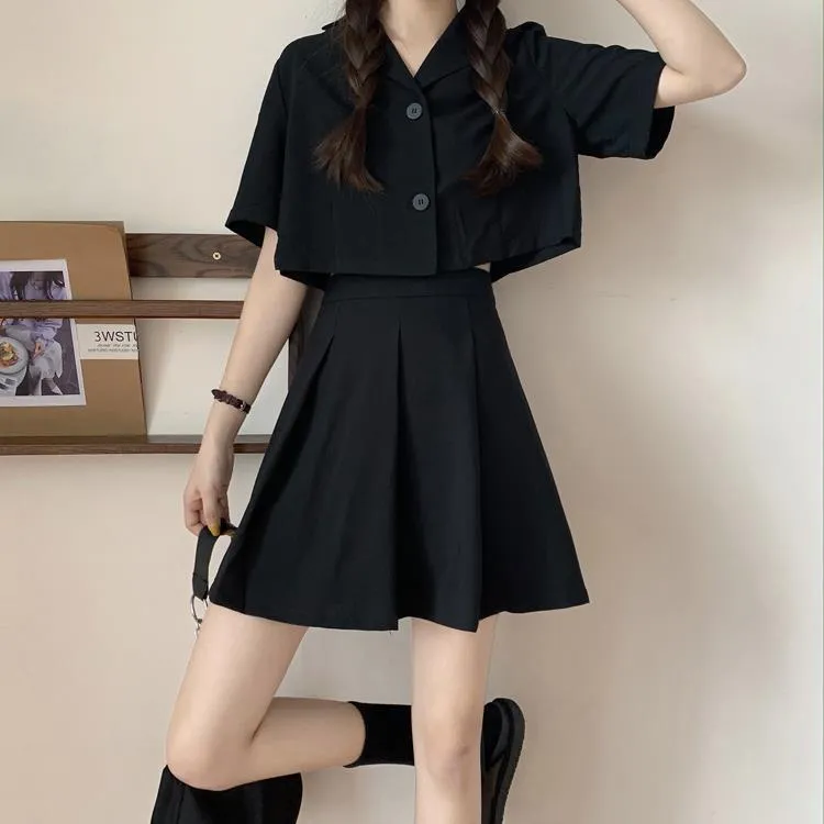 Two piece set Korean temperament boxy top jacket suit short top high waist pleated skirt gothic college