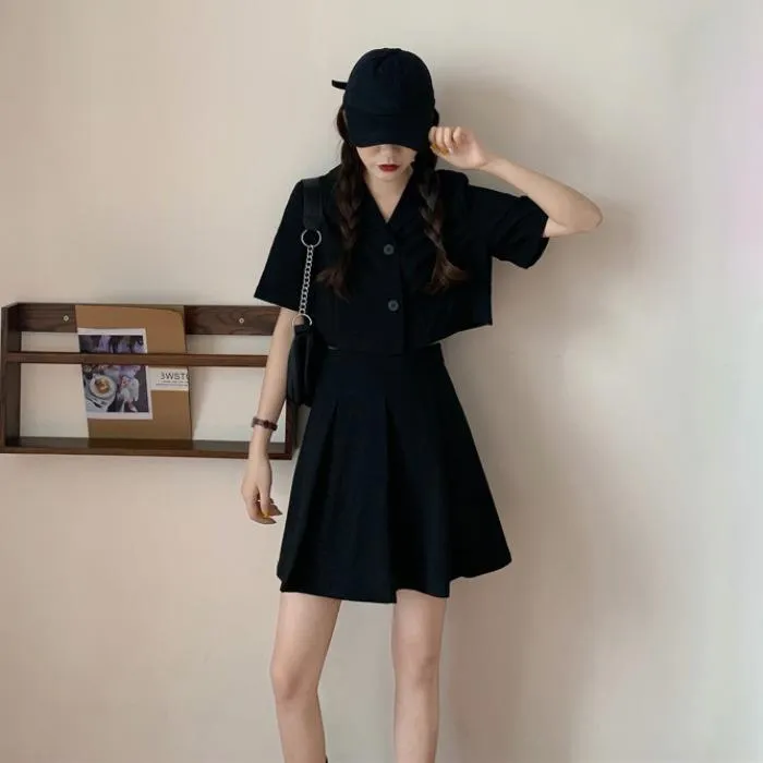 Two piece set Korean temperament boxy top jacket suit short top high waist pleated skirt gothic college