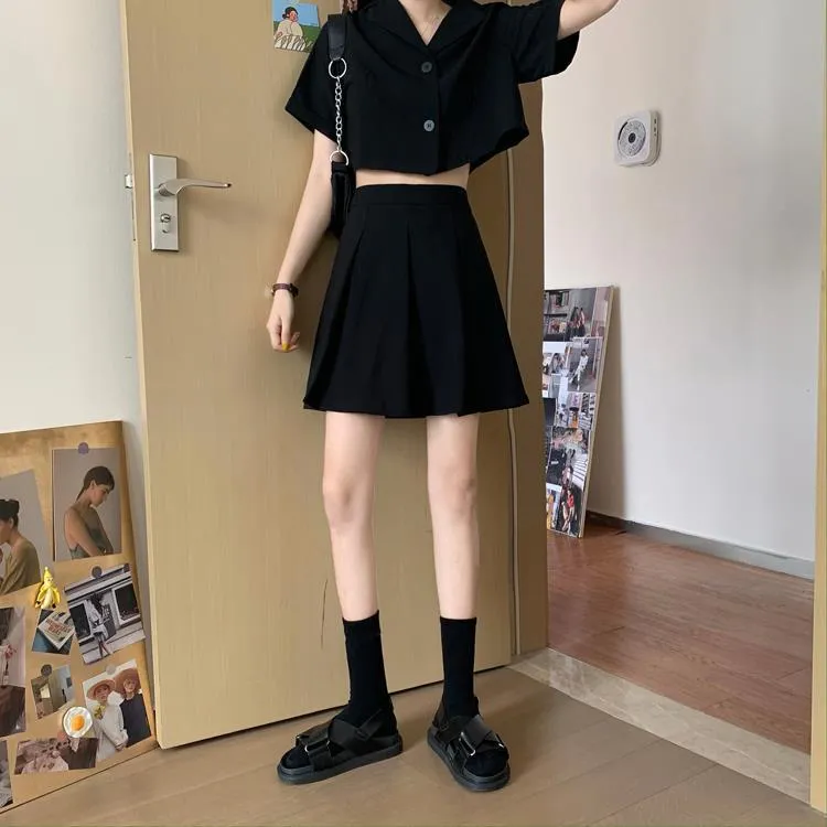 Two piece set Korean temperament boxy top jacket suit short top high waist pleated skirt gothic college