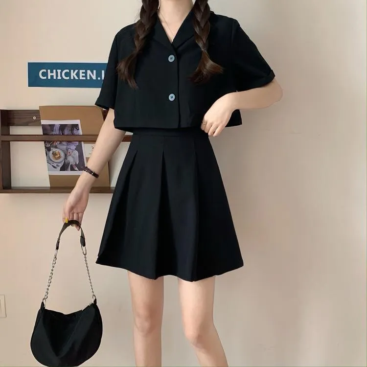 Two piece set Korean temperament boxy top jacket suit short top high waist pleated skirt gothic college