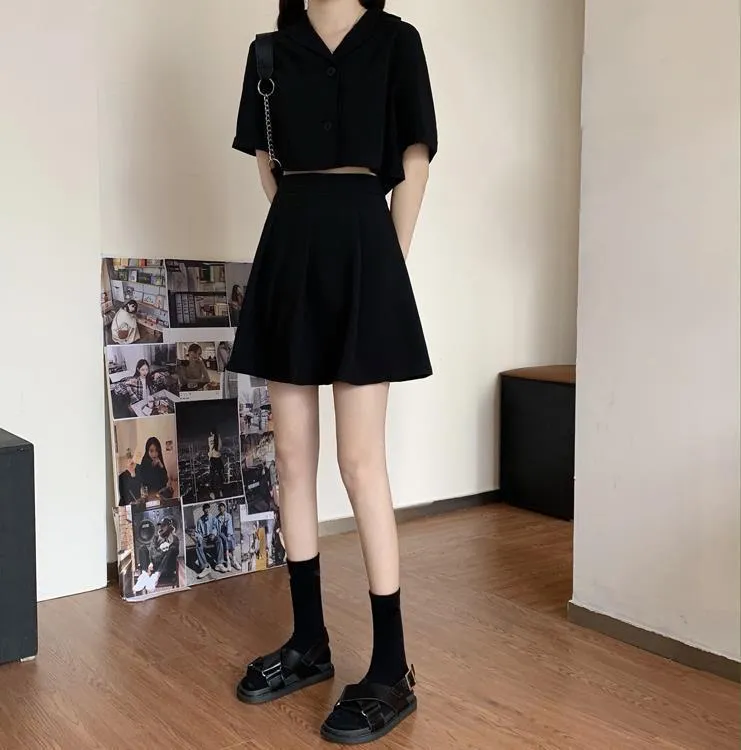 Two piece set Korean temperament boxy top jacket suit short top high waist pleated skirt gothic college