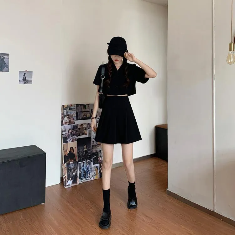 Two piece set Korean temperament boxy top jacket suit short top high waist pleated skirt gothic college