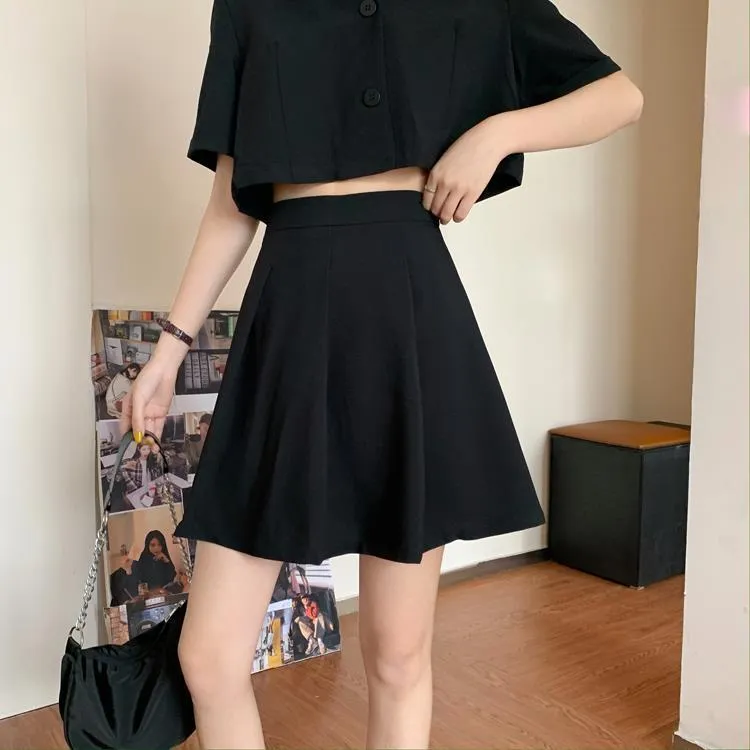 Two piece set Korean temperament boxy top jacket suit short top high waist pleated skirt gothic college