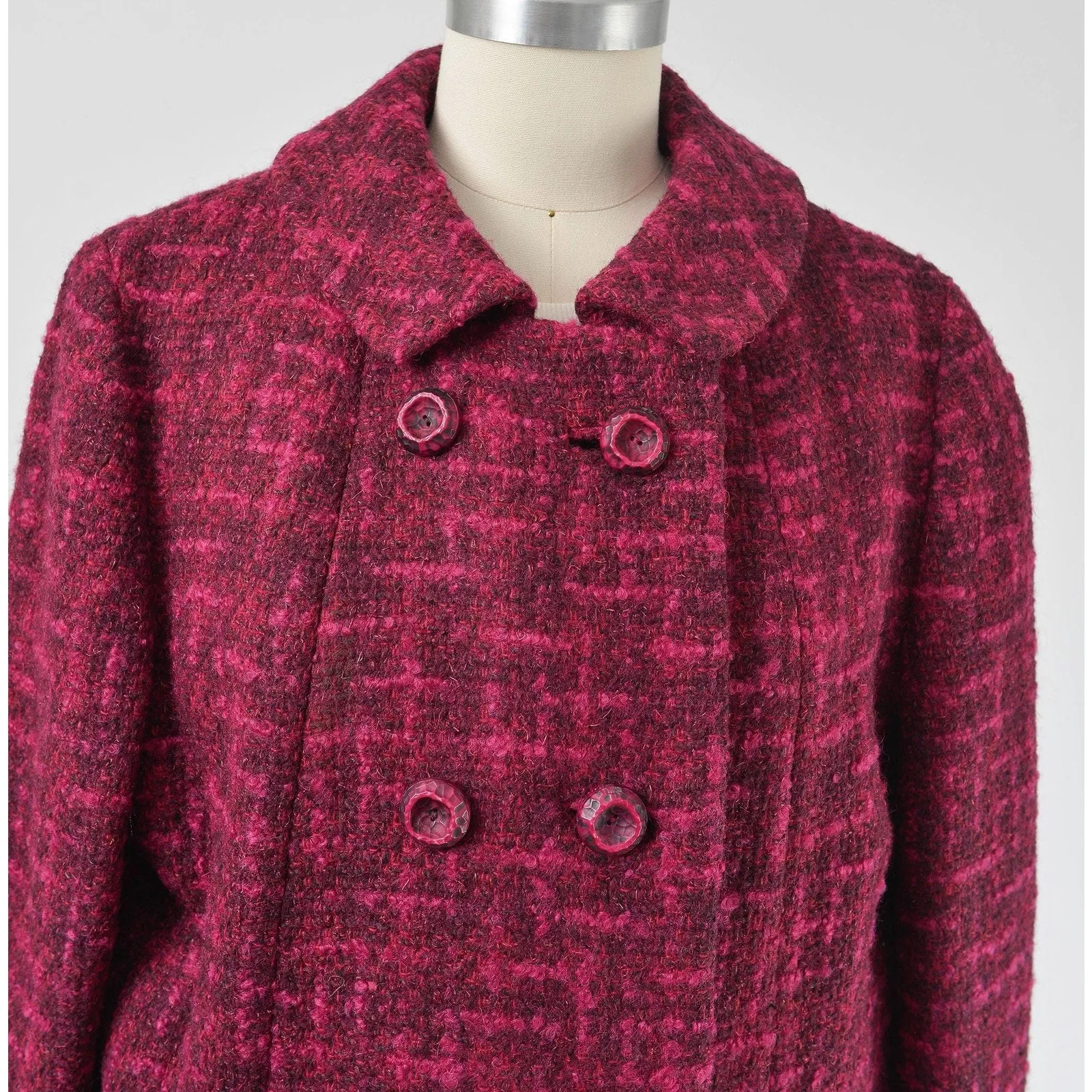 Vintage 60s Dark Pink Tweed Wool Suit Mod Double Breasted Coat High Waisted Pencil Skirt Two Piece Set size Medium