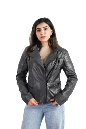 Womens Biker Style Brando Sheep Grey Leather Jacket - ELF25