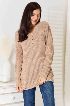 Women's Double Take Notched Neck Ribbed Long Sleeve T-Shirt