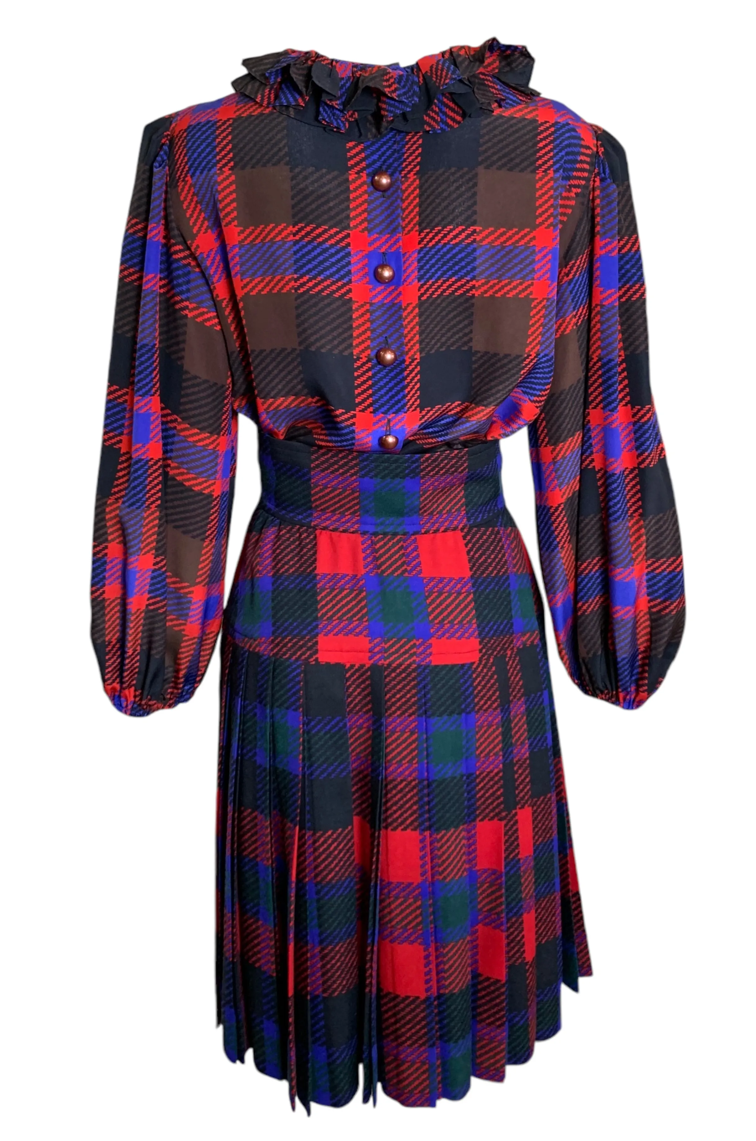 Yves Saint Laurent Rive Gauche Late '70s/ Early '80s Plaid  Silk Blouse   Pleated Wool Skirt Set